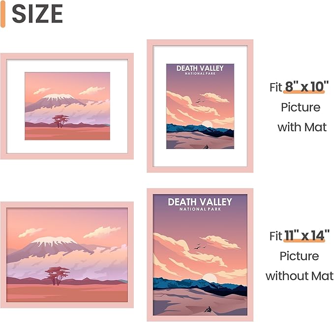 upsimpes 11x14 Picture Frame Set of 5, Display Pictures 8x10 with Mat or 11x14 Without, Wall Gallery Photo Frames, Pink