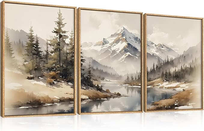 Ausril Watercolor Misty Mountain Framed Canvas Wall Art Set, Foggy Pine Tree Wall Decor, Winter Landscape Wall Painting, Nature Snowy Scene Art Print for Living Room, Bedroom, Office - 24"X36"X3