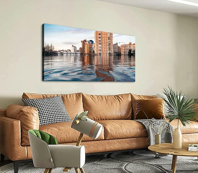 Canvas Wall Art for Living Room Bedroom Hypothetical flood water Madrid due to the effects Big Large Wall Art Decor Framed Painting Wall Pictures Prints Artwork Office
