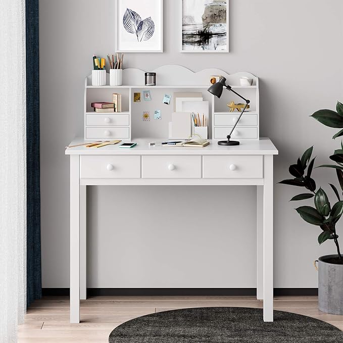 ADORNEVE Writing Desk with 7 Drawers, Home Office Desk with Hutch, Student Desk Study Table, Small White Desks, Solid Pine Wood Legs