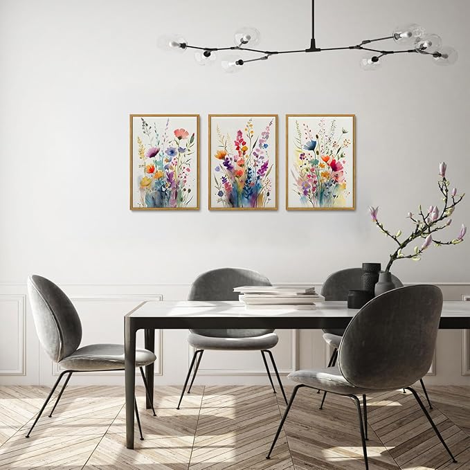 KISSFOX 3 Piece Colorful Wildflower Botanical Framed Wall Art Watercolor Floral Canvas Art Prints Boho Flower Pictures Wall Decor Modern Minimalism Paintings Artwork Girls Bedroom Living Room Bathroom