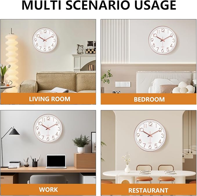 Wall Clock, Silent Wall Clocks Battery Operated 10 Inch- Modern Non Ticking Analog Clock with Large Numerals Tempered Glass Clocks for Bedroom, Living Room, Kitchen, Office Decor, Rose Gold