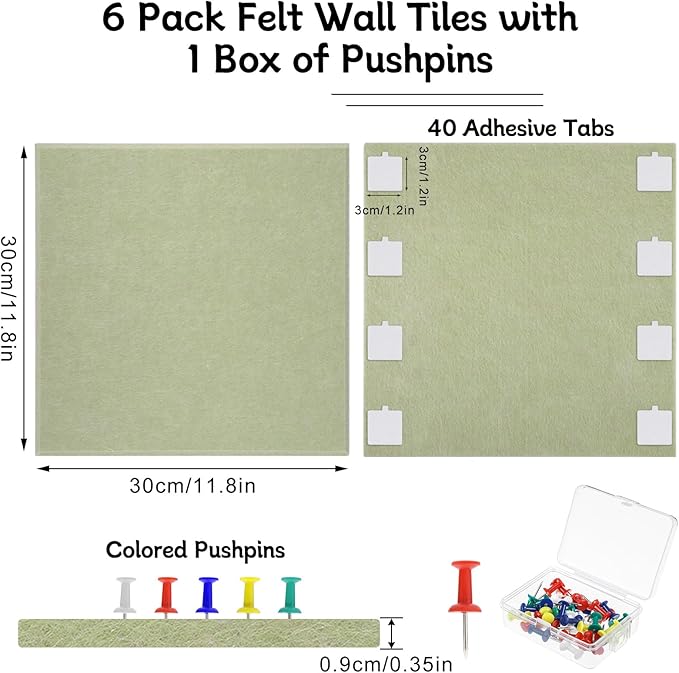 Large Cork Board 36" x 24", 6 Pack Felt Wall Tiles with Colored Pushpins, Bulletin Board with 40 Safe Removable Adhesive Tabs, Pin Board Cork Boards for Walls Home Office Decor - Sage