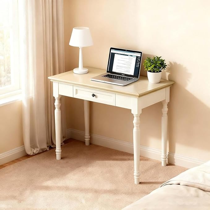 Beige Writing Desk with Drawer, 35" Solid Wood French Country Style Computer Desk for Home Office, Living Room Study or Workspace