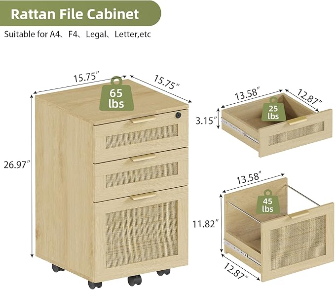 HOPUBUY 3 Drawer File Cabinet with Lock, Rattan File Cabinets with Wheels, Small Filing Cabinet for Hanging A4/Letter/Legal/F4, Rolling Wood Filing Cabinets for Under Desk Home Office, Natural Wood