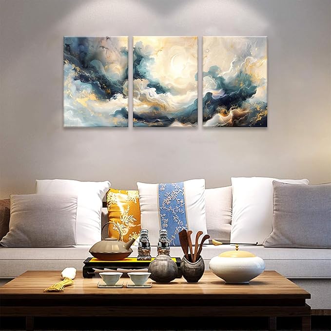 LYPHNX Framed Blue Abstract Fantasy Canvas Wall Art Minimalism Ink Painting Poster Set of 3 Modern ArtWork Navy Blue Gold Marble Prints Pictuer Wall Decor for Living room Bedroom Office Hotel 16"x24"