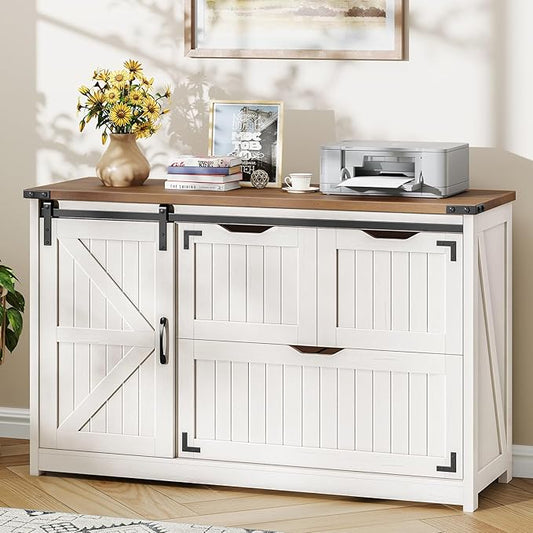 Vabches 47.8” Farmhouse Lateral File Cabinet with Sliding Barn Door, 3 Drawers Filing Storage Cabinets with Adjustable Shelf, Office Printer Stand for Hanging Files Letter/Legal/F4/A4.