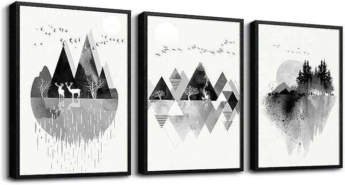 Hyidecorart Black Framed Wall Art - Large Abstract Geometric Painting - 3 Piece Framed Prints for Living Room, Bedroom & Office Decor