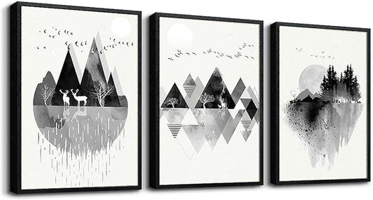 Hyidecorart Black Framed Wall Art - Large Abstract Geometric Painting - 3 Piece Framed Prints for Living Room, Bedroom & Office Decor