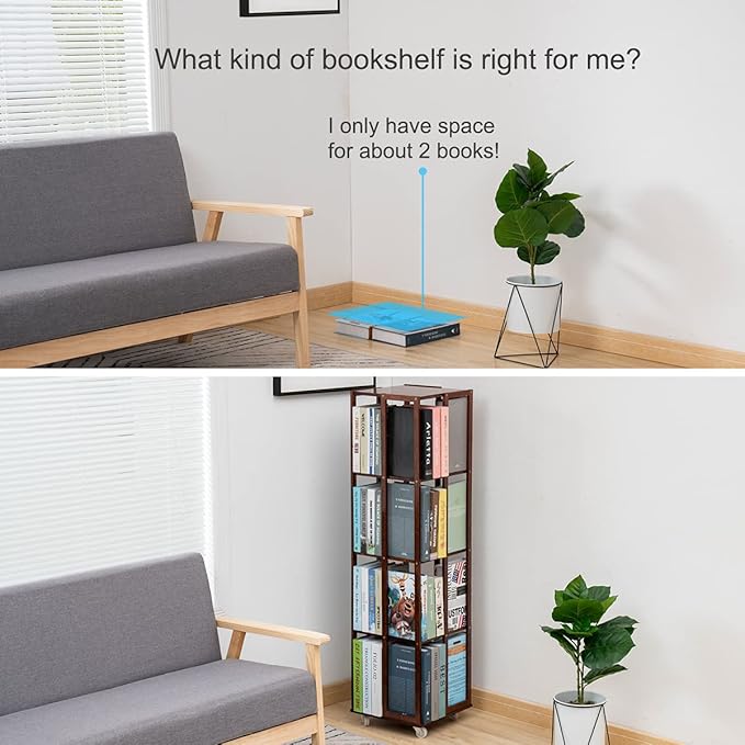 COPREE 5 Tier Rolling Bookcase, Bamboo 360 Rotating Bookshelf, Freestanding Storage Organizer Holder Book Rack with Wheels for Bedroom, Living Room Home and Office