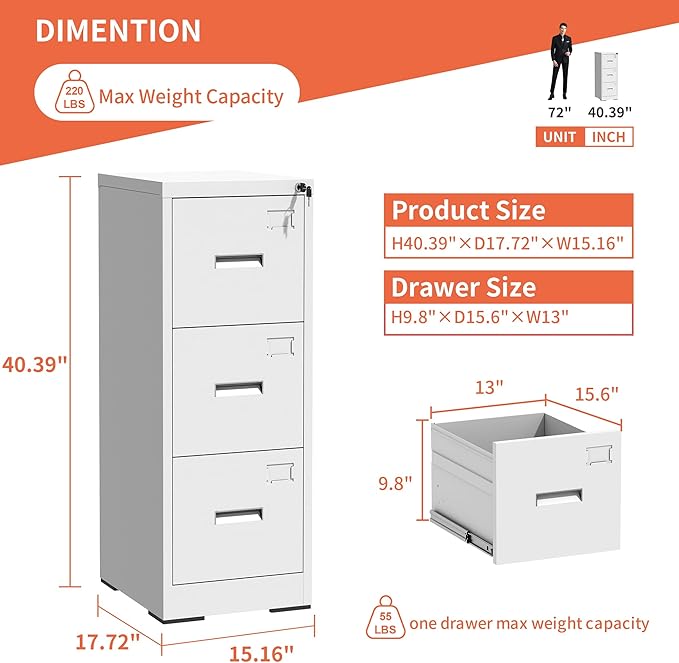 3 Drawer File Cabinet with Lock,White Metal Filing Cabinets for Home Office,Steel Vertical File Cabinet,Heavy Duty Metal Storage Cabinet for A4/Letter/Legal Size Files,Assembly Required
