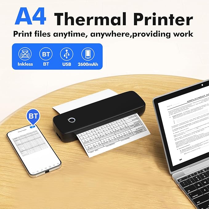 Portable A4 Thermal Printer 203dpi for Print Width 8.5in, Supports Web Text Image Printing for Business Trip Office Workers (Black)