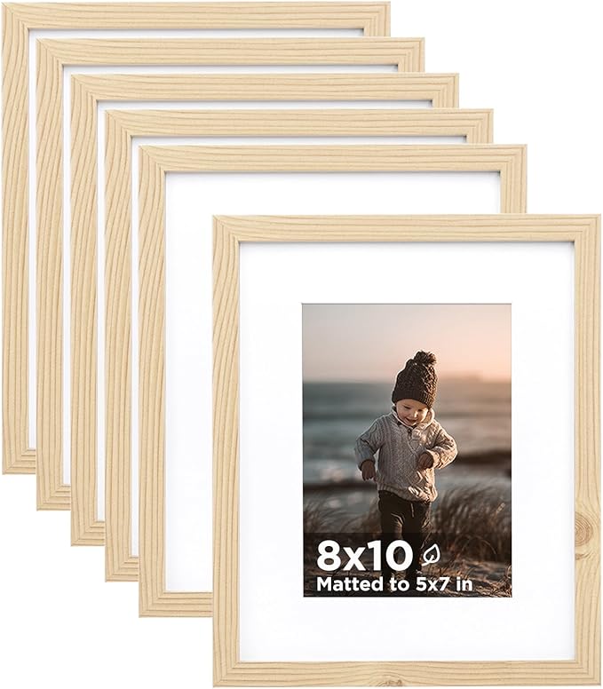 KINLINK 8x10 Picture Frame Wood Grain Set of 6, Wooden Photo Frame Matted 5x7 with Plexiglass for 5x7 with Mat or 8x10 without Mat for Table and Wall Display