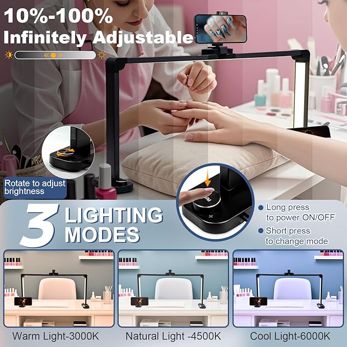 CGBE Foldable Nail lamp for Desk: Large Wide Half Moon Light with Phone Holder for Nail Salon Technicians - No Glare Craft Desk Light for Manicure lash Task for Esthetician 33.5'' - Black