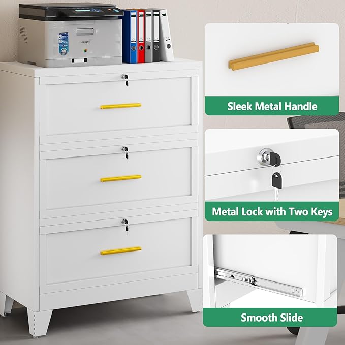 Metal Lateral File Cabinet with Lock,3 Drawer Steel Wide Filing Organization Storage Cabinets,Filing Cabinet for Legal/Letter/A4/F4 Size with Hanging Files&Key,Lockable Cabinets for Home Office,White