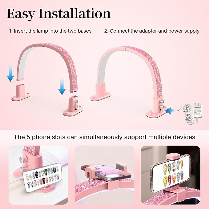 BLUVALL Half Moon Nail Lamp for Desk Portable Nail Desk Lamp with Phone Holder, Stepless Adjustment of Brightness and Color Temperature Desk Lamp for Nail Tech, Eyelash, Tattoo, Makeup (Pink)