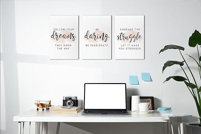 SHMAO Office Canvas Wall Art Motivational Wall Decor, 3 Piece Dreams Daring Struggle Print Pictures for Office Wall Decor Women Inspirational Framed Artwork Home Office Decor 12”x18”x3 Panels