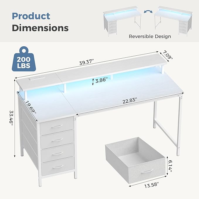 DUMOS 40 Inch Computer Desk with 4 Drawers,4 Drawer Gaming Desk with with Power Outlets and LED Lights,Office Desk for Small Spaces with Monitor Shelf,Writing Desk for Home Office,Bedroom, Study,White