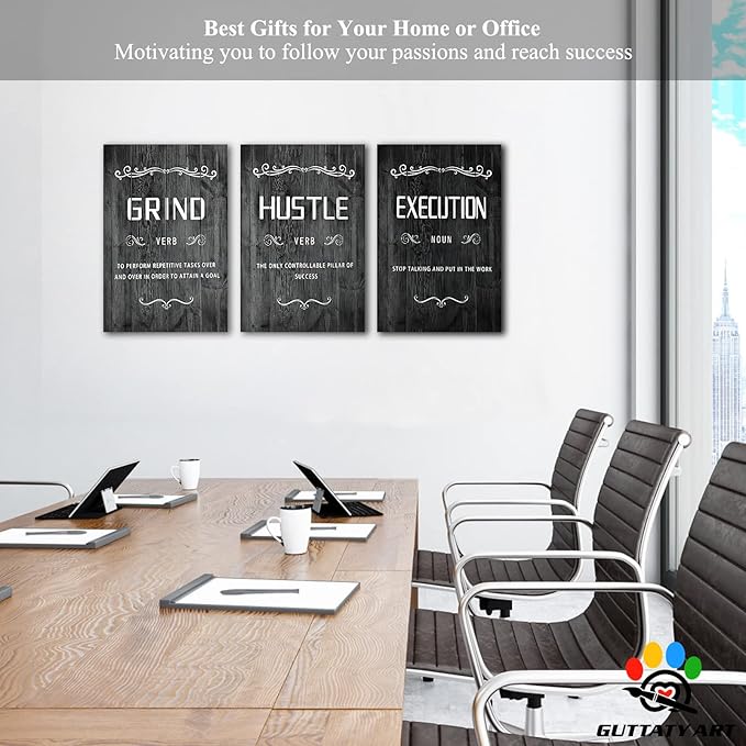Office Wall Art - 3 Panel Motivational Wall Art, Inspirational Quotes Canvas Art for Home Office Wall Decor, Positive Quotes Wall Decor, Entrepreneur Grind Hustle Execution Poster Frame (16”x24”x3Pcs)