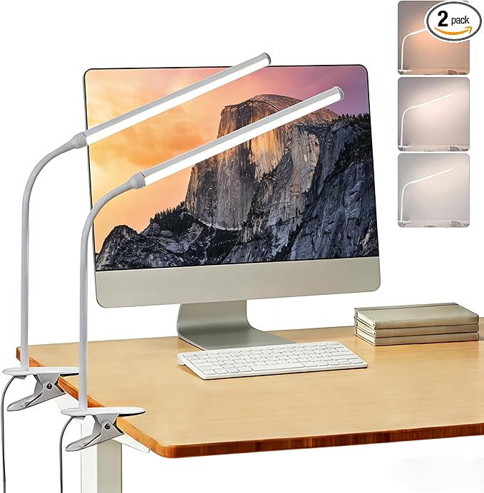 2 Pack LED Desk Lamp with Clamp, Desk Lamps for Home Office Three Colors Dimming, Computer Desk Monitor Light Bar Curved, Clip on Reading Accessories Lighting, Work from Home Essentials