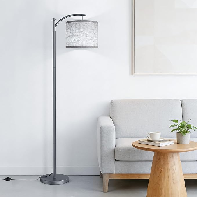 ROTTOGOON Floor Lamp for Living Room with 3 Color Temperatures LED Bulb, Standing Lamp Tall Industrial Floor Lamp Reading for Bedroom, Office (9W LED Bulb, Beige Lampshade Included) -Grey