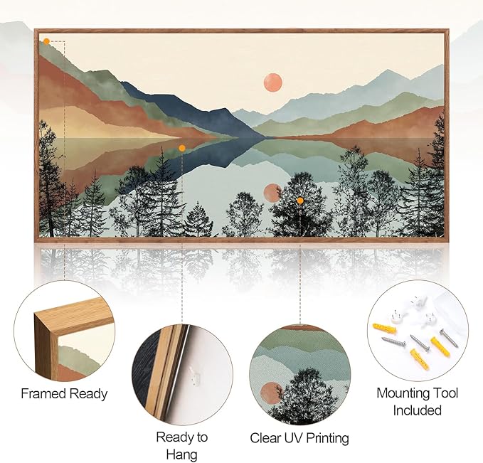 CHDITB Mountain Sun Forest Framed Art Prints(40"x20"), Boho Watercolor Nature Landscape Canvas Artwork Painting, Abstract Foggy National Park Scenery Poster Decor for Living Room Bedroom