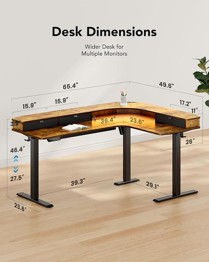 HUANUO 65″ L-Shaped Standing Desk with Power Outlets & LED Strip, Electric Height Adjustable Corner Computer Desk, Sit Stand Up Desk with 3 Drawers, Vintage Brown