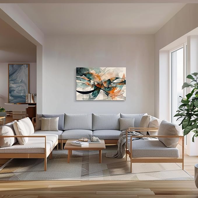 gaosoul Modern Abstract Canvas Wall Art Graffiti Artwork in Cyan and Orange Colors Framed Elegant Morandi Color Painting Prints for Living Room Bedroom Office Decor 36x24in