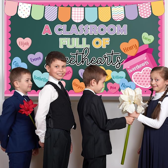 Valentine's Day Bulletin Board Set Happy Valentine's Day Classroom Decorations A Classroom Full of Sweethearts Paper Cutouts Candy Heart Name Tags for School Home Office Chalkboard Wall Door Decor