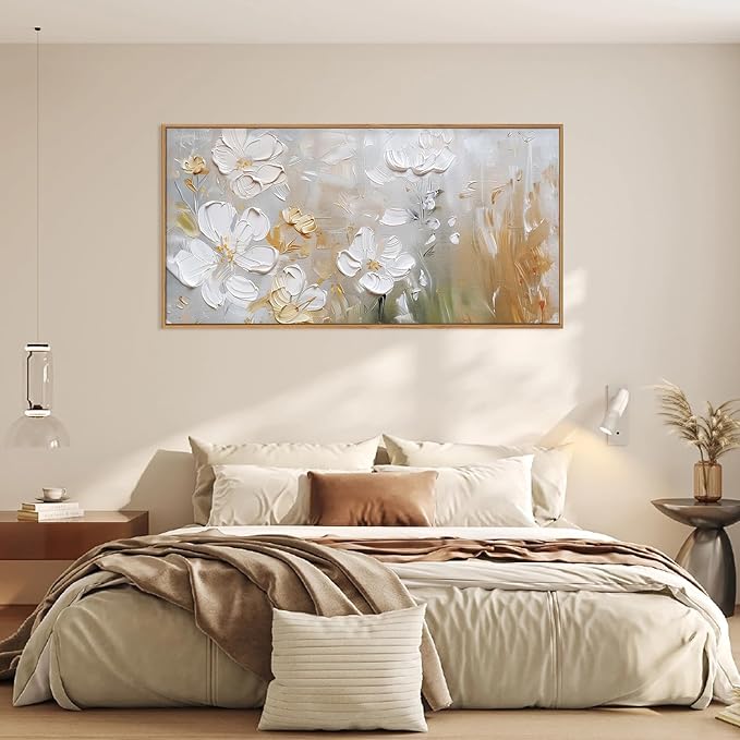 HPNIUB Large White Flower Framed Wall Art Modern White and Gold Floral Canvas Oil Painting Nature Botanical Wall Decor Abstract Aesthetic Artwork for Living Room Bedroom Decor -20"x40"