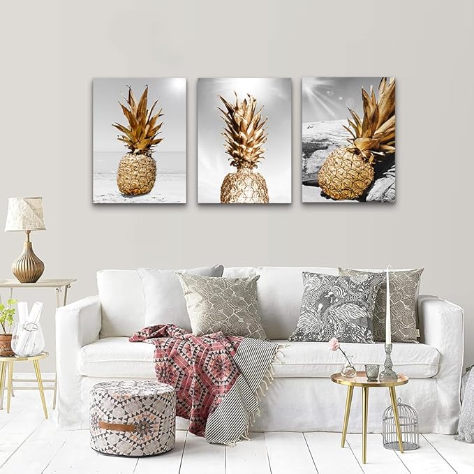 Lapremoly Large Wall Decor for Kitchen Dining Room Artwork Black And White Wall Painting 3 Piece Canvas Wall Art For Living Room Beach Scenery Pineapple Pictures Restaurant Framed Wall Decoration
