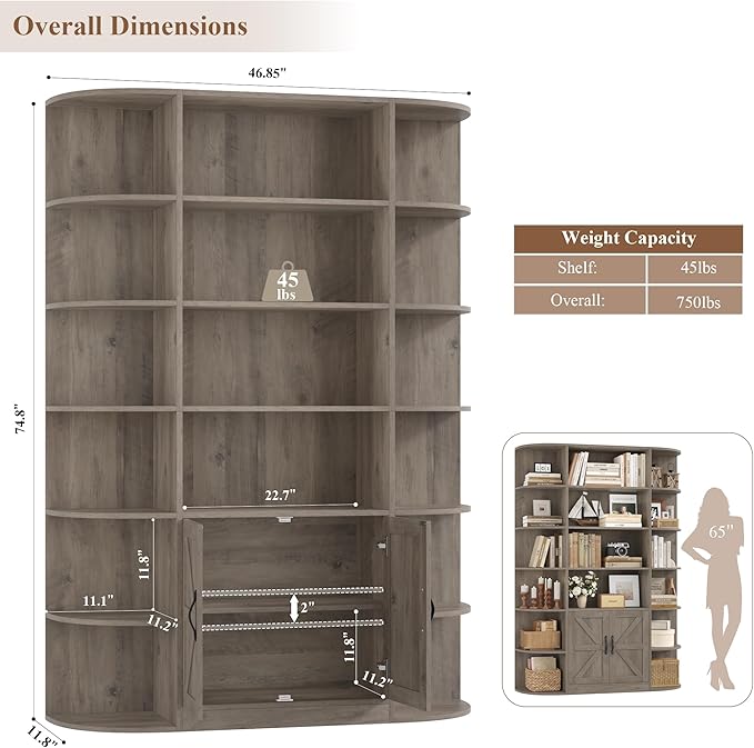 HOSTACK 75" Tall Book Shelf and Bookcase, 6 Tier Bookshelf with Storage, 47" Wide Bookcase with Door, Freestanding Wood Display Shelves with Book Storage Cabinet for Home Office, Living Room, Ash Grey