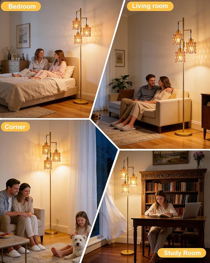 3-Light Floor Lamps for Living Room, Farmhouse Dimmable Gold Floor Lamp with Brown Glass Shade& Bulbs Included, Mid Century Standing Tall Lamp for Bedroom/Sofa Beside/Corner
