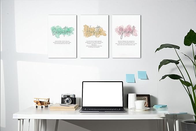 SHMAO Office Canvas Wall Art Motivational Wall Decor, 3 Piece Execution Hustle Grind Print Pictures for Office Wall Decor Women Inspirational Framed Artwork Home Office Decor 12”x18”x3 Panels