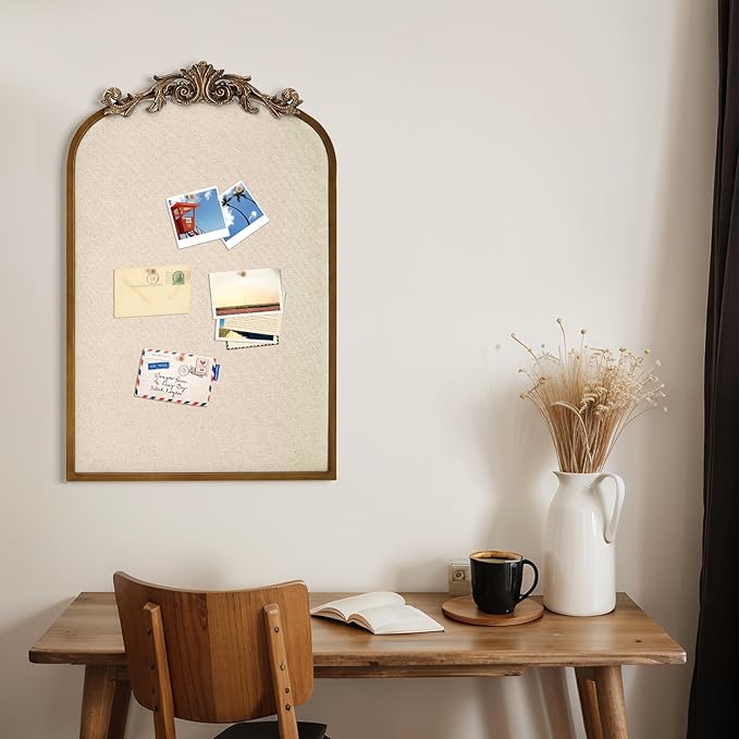 Vintage Framed Pin Board Linen Display Bulletin Board Large Cork Fabric Picture Photo Pinboard Memo Ornate Decorative Pinboard Ornate for Wall Gift(Arch,19" X 31",Retro Golden)
