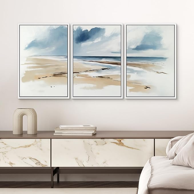 SIGNWIN Framed Canvas Print Wall Art Set Coastal Beach Horizon Blue and Tan Seascape Illustrations Modern Art Decorative Boho Relax/Zen Nordic for Living Room, Bedroom, Office - 16"x24"x3 White