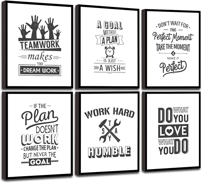 Teamwork Wall Art - Framed Motivational Canvas for Office and Bedroom - Quotes Decor Set of 6, 8X10in, Ready to Hang