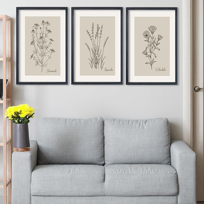 TQianJiang Set Of 3 Framed Vintage Botanical Prints Wall Art 16"×11" Wildflower Pictures Wall Decor for Bedroom Bathroom Living Room Minimalist Line Drawing Neutral Tones Wall Hanging (Black)
