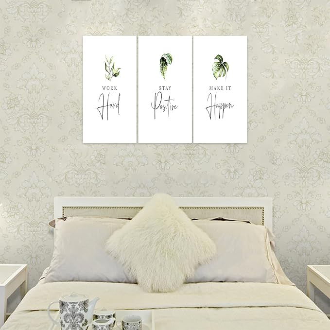 3 Piece Inspirational Wall Art, White Plants Sayings Picture, Quotes "Work Stay Make it" Canvas Prints for Office Decor, Triptych Entrepreneur Framed Artwork for Women Men Home Wall Decor (72"Wx36" H)