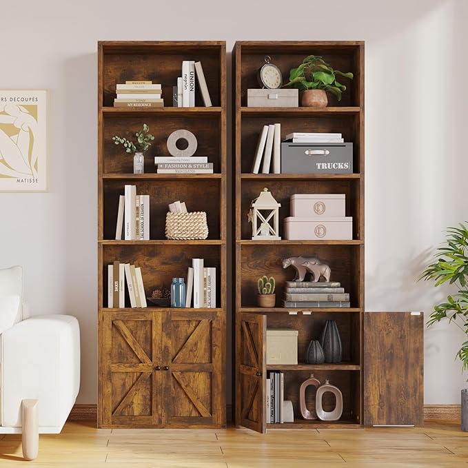 MXV Bookshelf Bookcase with Doors, 6 Tier 71" Tall Wooden Storage Shelves Organizer, Floor Standing Display Cabinet Shelves, Home Decor Furniture for Home Office, Living Room, Bedroom, Brown