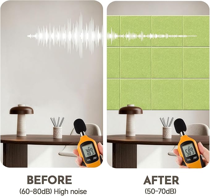MISSDAY Green Acoustic Wall Panel Large Felt Bulletin Board 48" x 36" Cork Board for Wall, 12-Pack Boards with 72 Adhesive Tabs, 50 Pins, Pin Board for Home Office Classroom Soundproof Wall Tile