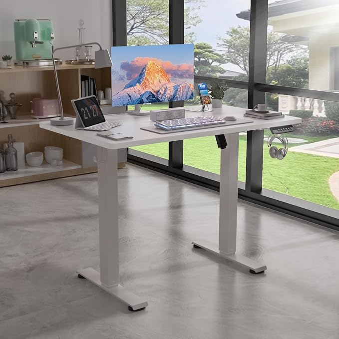 40" x 24" Electric Standing Desk, Adjustable Height Sit Stand Desk with 3 Preset Heights & 2 Hook, Electric Desk for Home Office Gaming, White