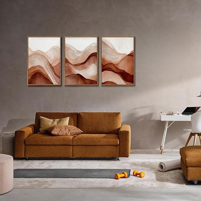 myusuar 3 Piece Large Abstract Framed Wall Art For Living Room, Smoke Texture Ink Warm Brown Terracotta Canvas Wall Art Modern Minimalist Art Prints Wall Décor For Bedroom Office 16x24in