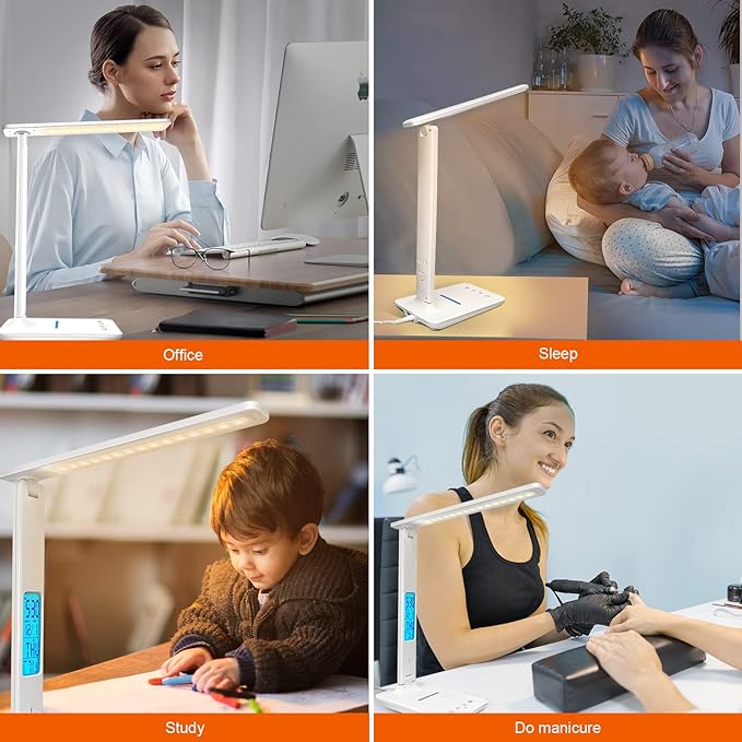 Desk Lamp with Wireless Charger, USB Charging Port, Dimmable Office Desk Light with Clock, Alarm, Date, Temperature, Foldable Lamp for Table Bedroom Bedside Office (White)