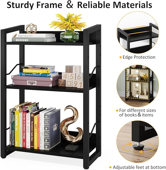 Hosfais Book Shelf Small Bookshelf - 3-Tier Wood Bookcase Industrial Bookshelf Metal Narrow Bookcase Storage Organizer Display Rack for Bedroom Living Room Home Office (Black)