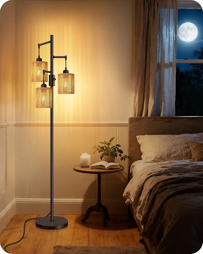 Dimmable Floor Lamp, Farmhouse Tall Standing 70.3" Tree Lamp with 3 Rope Woven Lampshades, Boho Rattan Floor Lights, 4W 3 LED Bulbs Included, for Living Room, Bedroom, Study, Office AB03LD05