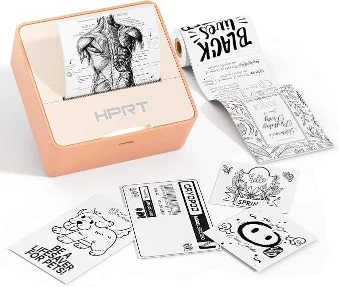 HPRT S2 Mini Sticker Maker, Portable Label Printer with 1 Roll Sticker Paper, Ideal for Study Notes, Text, Sticker, Memo, Checklist, Labels, DIY, Multiple Templates, Support 57mm Width Label(Orange)