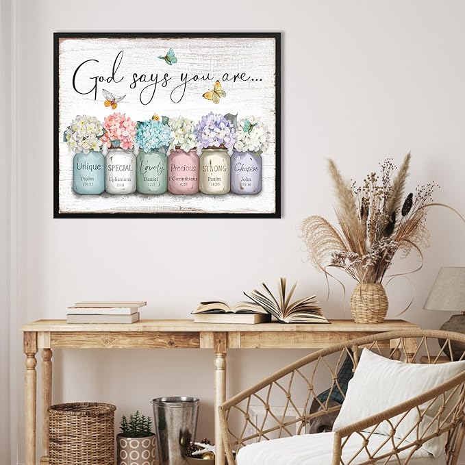 Inspirational Bible Verse Wall Art: God Says You Are Wall Decor Framed Christian Painting 24" x 30",Hydrangea Flower in Mason Jar Prints Hanging Posters Religious Bedroom Decor for Women Girls