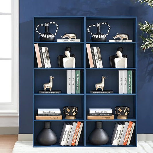 Bookshelves and Bookcases,5-Tier Double Open Storage Shelf, Floor Standing Display Storage Shelves for Home Office, Living Room, Bedroom, Blue
