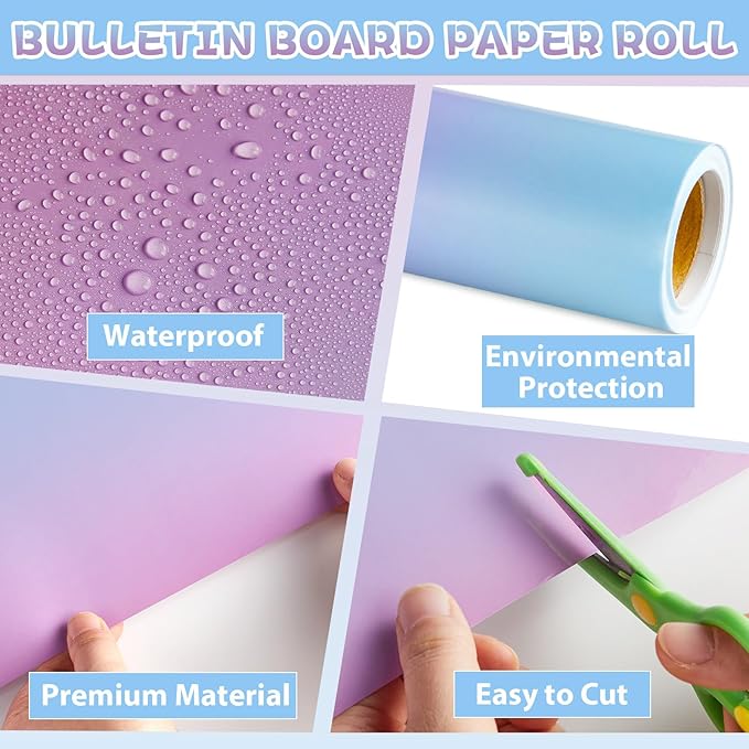 Qyeahkj 17.7in x 20ft Bulletin Board Paper Roll Bulletin Board Background Paper Fade Resistant Classroom Decoration Poster Art Craft Home Wall Education Decor Supplies Blue Purple